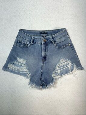 Sincerly Jules Light Blue Distressed High-Rise Denim Shorts